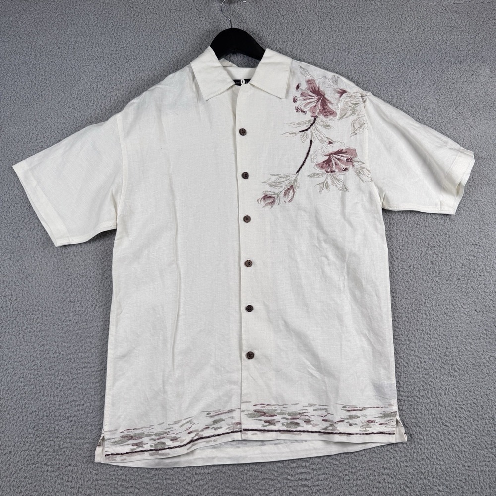 Brigata Shirt Mens Size Small White Floral Hawaiian Linen Rayon Button Up Beach